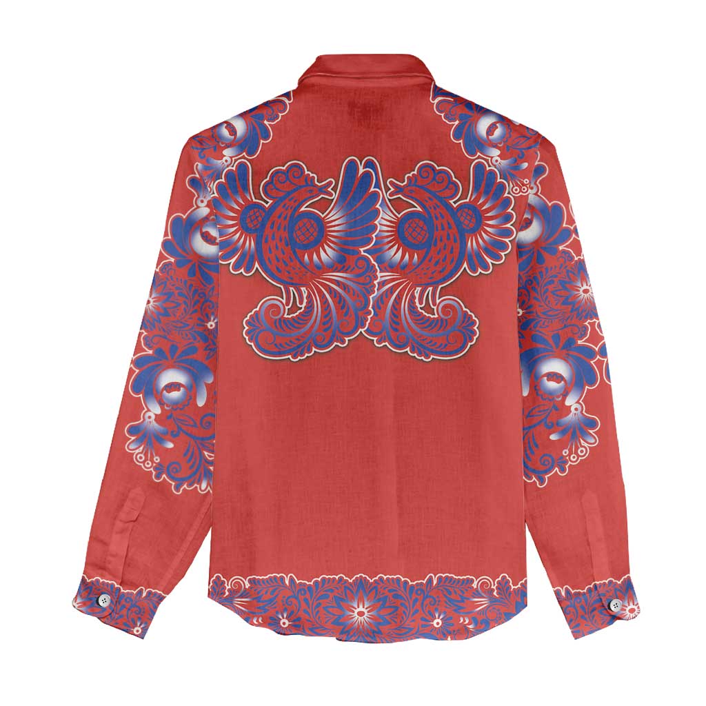 Red Russian National Costume Women Casual Shirt Rooster Motifs Traditional Folk Pattern - Wonder Print Shop