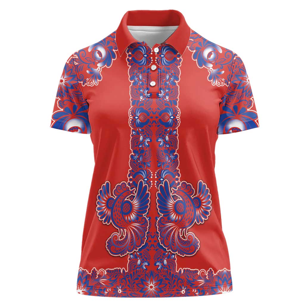 Red Russian National Costume Women Polo Shirt Rooster Motifs Traditional Folk Pattern - Wonder Print Shop