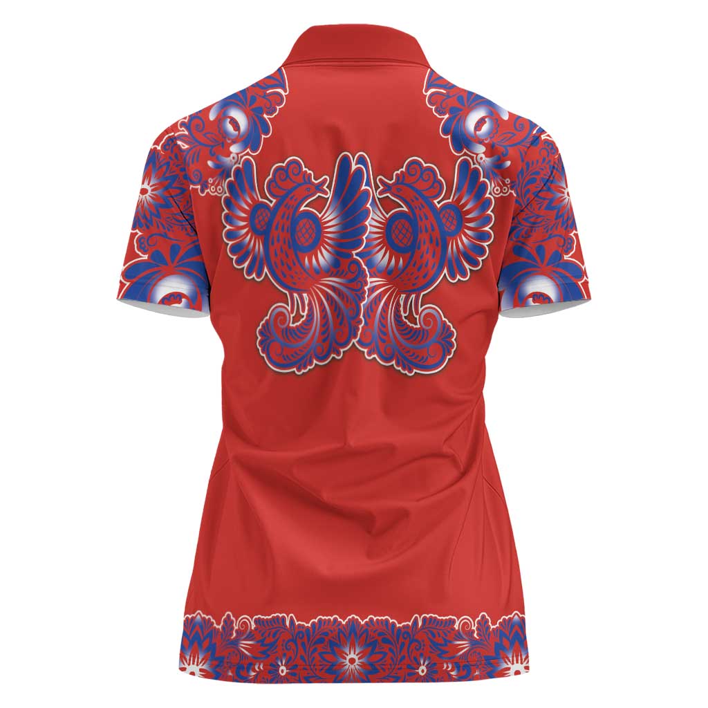Red Russian National Costume Women Polo Shirt Rooster Motifs Traditional Folk Pattern - Wonder Print Shop