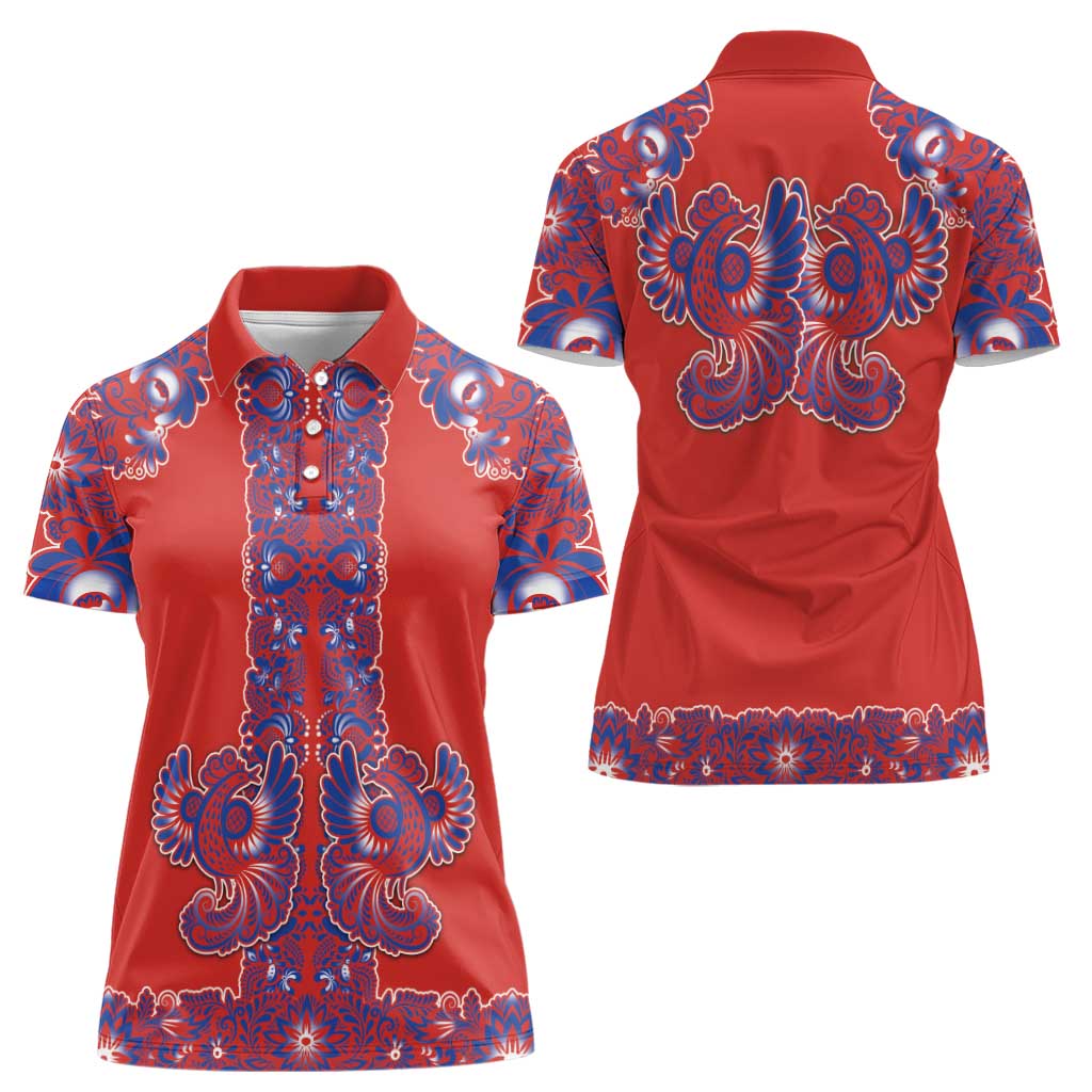 Red Russian National Costume Women Polo Shirt Rooster Motifs Traditional Folk Pattern - Wonder Print Shop