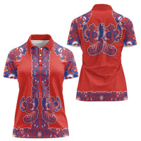 Red Russian National Costume Women Polo Shirt Rooster Motifs Traditional Folk Pattern - Wonder Print Shop