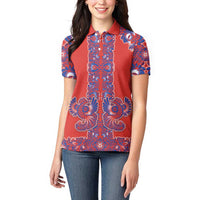 Red Russian National Costume Women Polo Shirt Rooster Motifs Traditional Folk Pattern - Wonder Print Shop