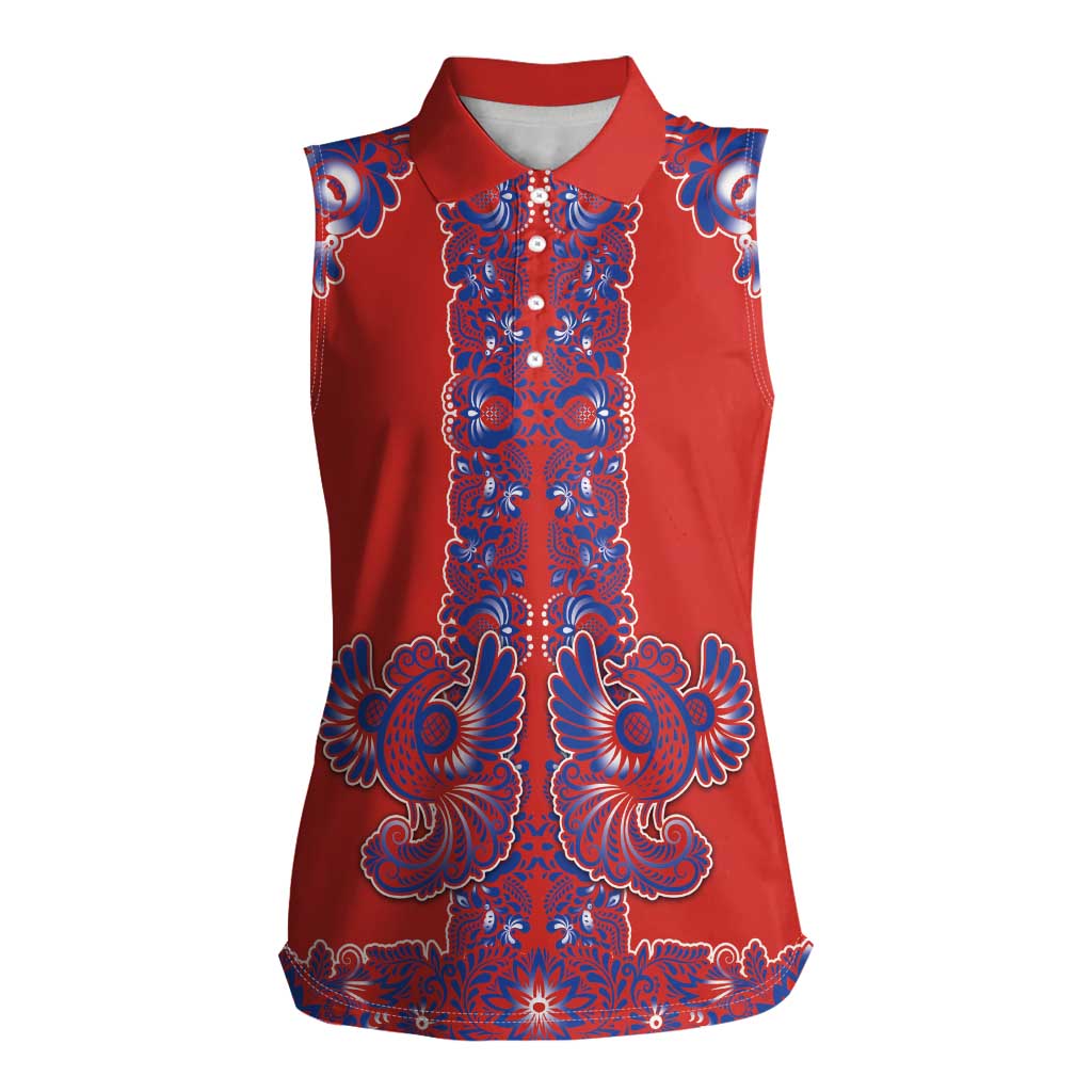 Red Russian National Costume Women Sleeveless Polo Shirt Rooster Motifs Traditional Folk Pattern - Wonder Print Shop