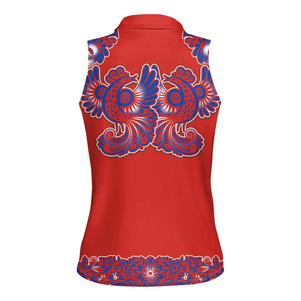 Red Russian National Costume Women Sleeveless Polo Shirt Rooster Motifs Traditional Folk Pattern - Wonder Print Shop