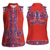 Red Russian National Costume Women Sleeveless Polo Shirt Rooster Motifs Traditional Folk Pattern - Wonder Print Shop