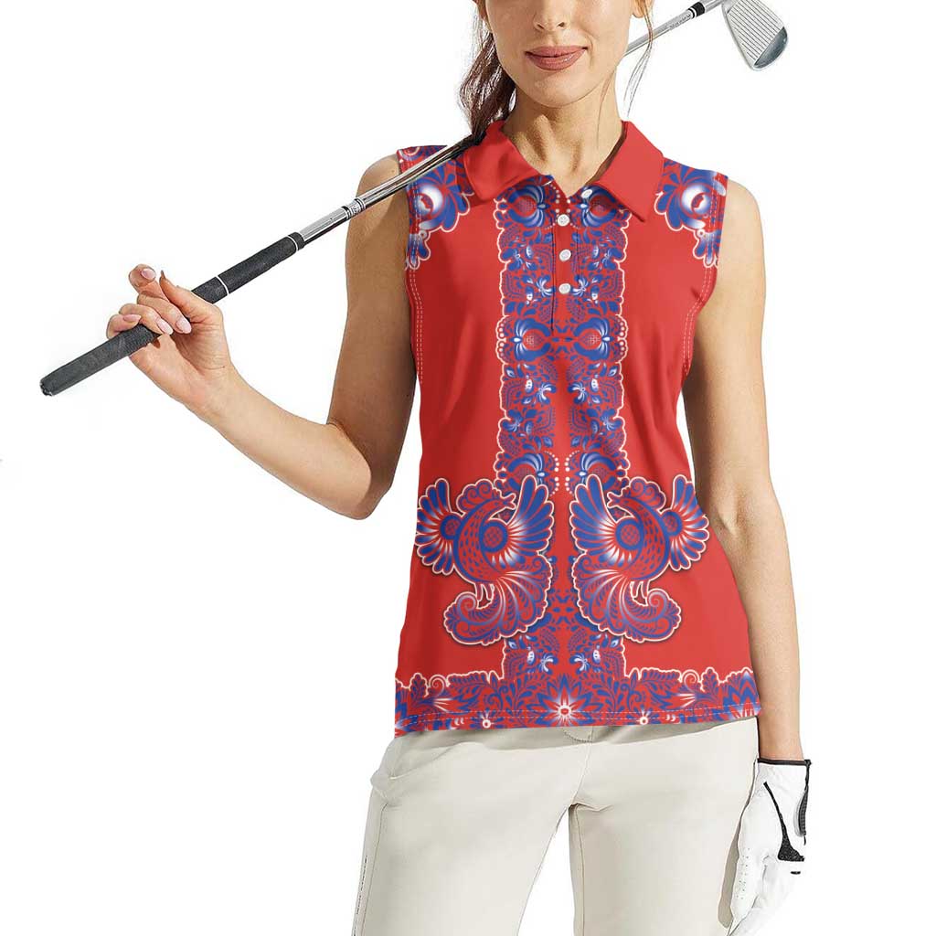 Red Russian National Costume Women Sleeveless Polo Shirt Rooster Motifs Traditional Folk Pattern - Wonder Print Shop