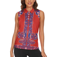 Red Russian National Costume Women Sleeveless Polo Shirt Rooster Motifs Traditional Folk Pattern - Wonder Print Shop