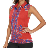 Red Russian National Costume Women Sleeveless Polo Shirt Rooster Motifs Traditional Folk Pattern - Wonder Print Shop