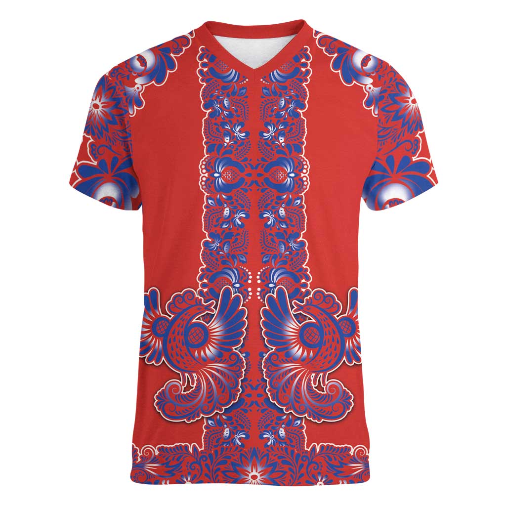 Red Russian National Costume Women V-Neck T-Shirt Rooster Motifs Traditional Folk Pattern - Wonder Print Shop