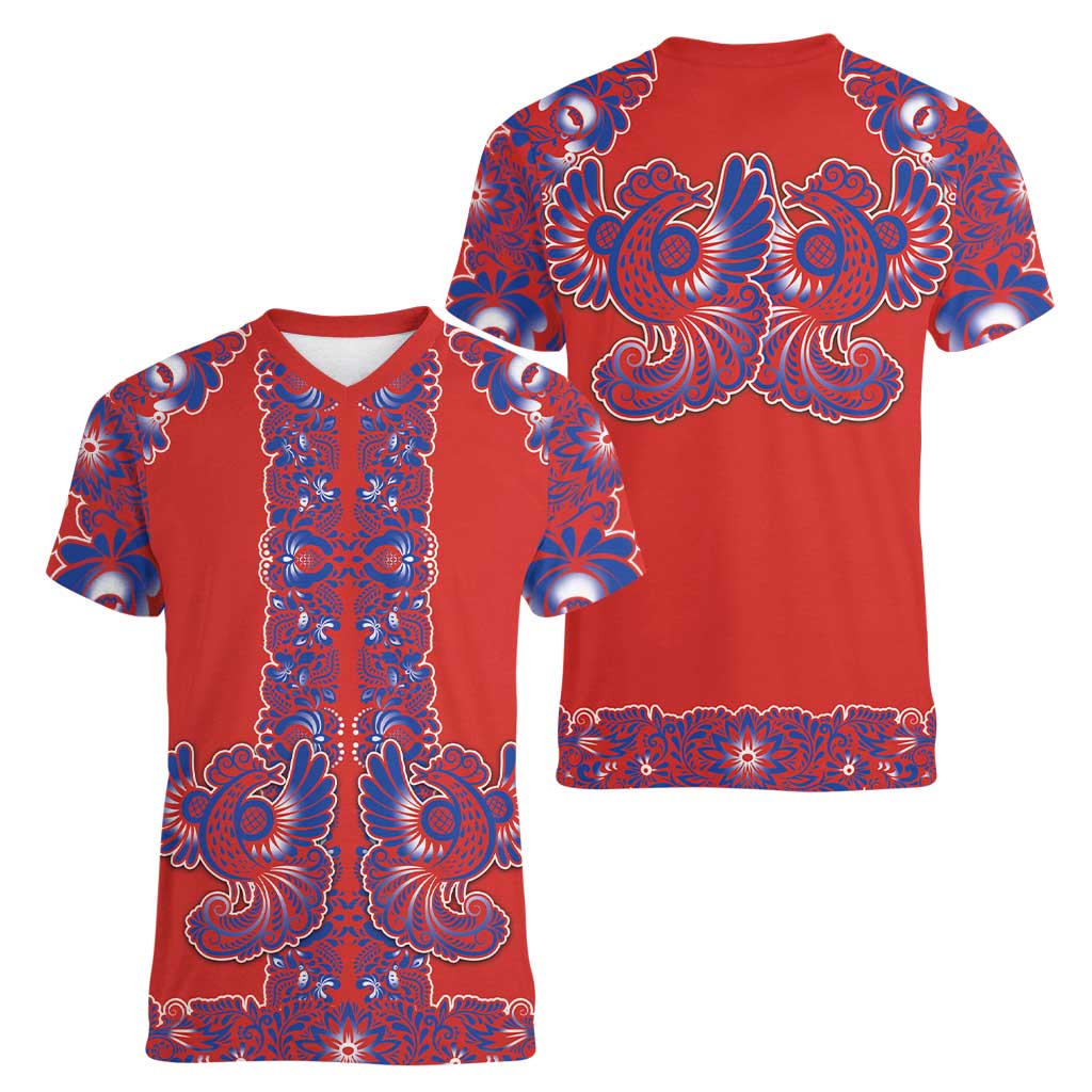 Red Russian National Costume Women V-Neck T-Shirt Rooster Motifs Traditional Folk Pattern - Wonder Print Shop