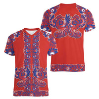 Red Russian National Costume Women V-Neck T-Shirt Rooster Motifs Traditional Folk Pattern - Wonder Print Shop