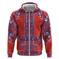 Red Russian National Costume Zip Hoodie Rooster Motifs Traditional Folk Pattern - Wonder Print Shop