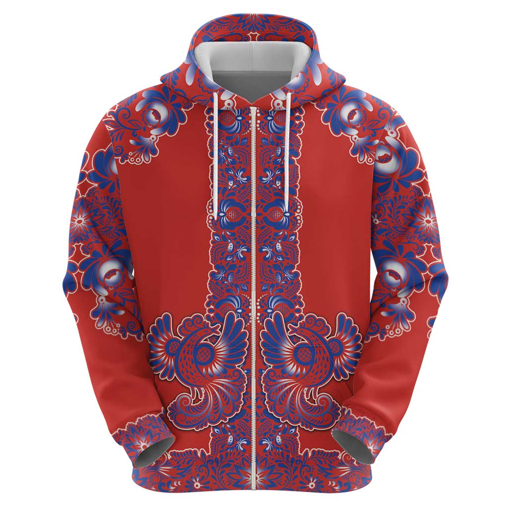 Red Russian National Costume Zip Hoodie Rooster Motifs Traditional Folk Pattern - Wonder Print Shop