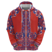 Red Russian National Costume Zip Hoodie Rooster Motifs Traditional Folk Pattern - Wonder Print Shop