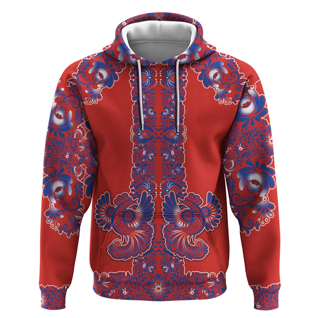 Red Russian National Costume Zip Hoodie Rooster Motifs Traditional Folk Pattern - Wonder Print Shop