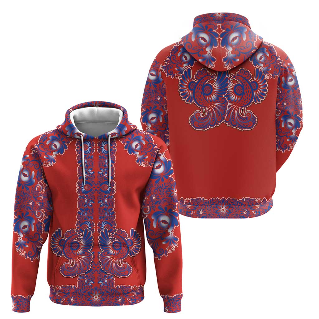 Red Russian National Costume Zip Hoodie Rooster Motifs Traditional Folk Pattern - Wonder Print Shop