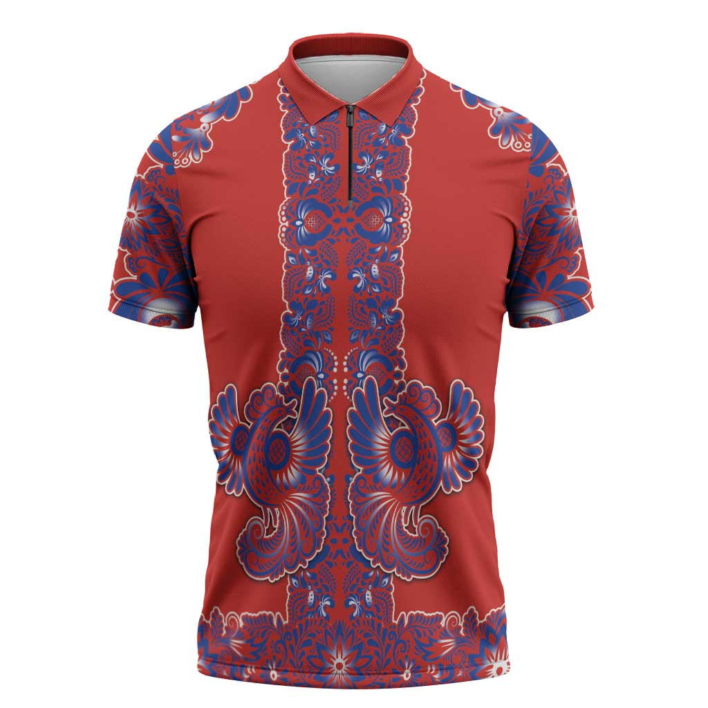 Red Russian National Costume Zipper Polo Shirt Rooster Motifs Traditional Folk Pattern - Wonder Print Shop