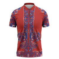 Red Russian National Costume Zipper Polo Shirt Rooster Motifs Traditional Folk Pattern - Wonder Print Shop