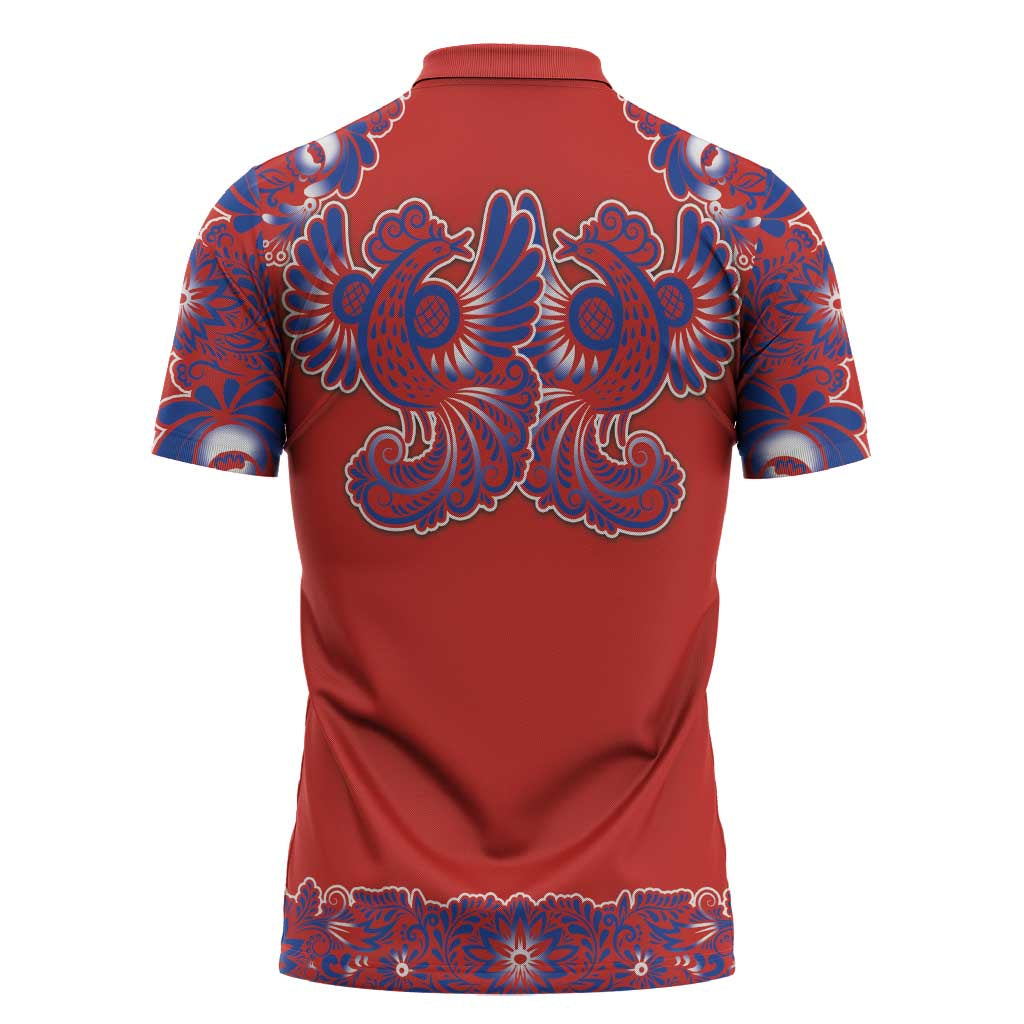 Red Russian National Costume Zipper Polo Shirt Rooster Motifs Traditional Folk Pattern - Wonder Print Shop