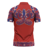 Red Russian National Costume Zipper Polo Shirt Rooster Motifs Traditional Folk Pattern - Wonder Print Shop