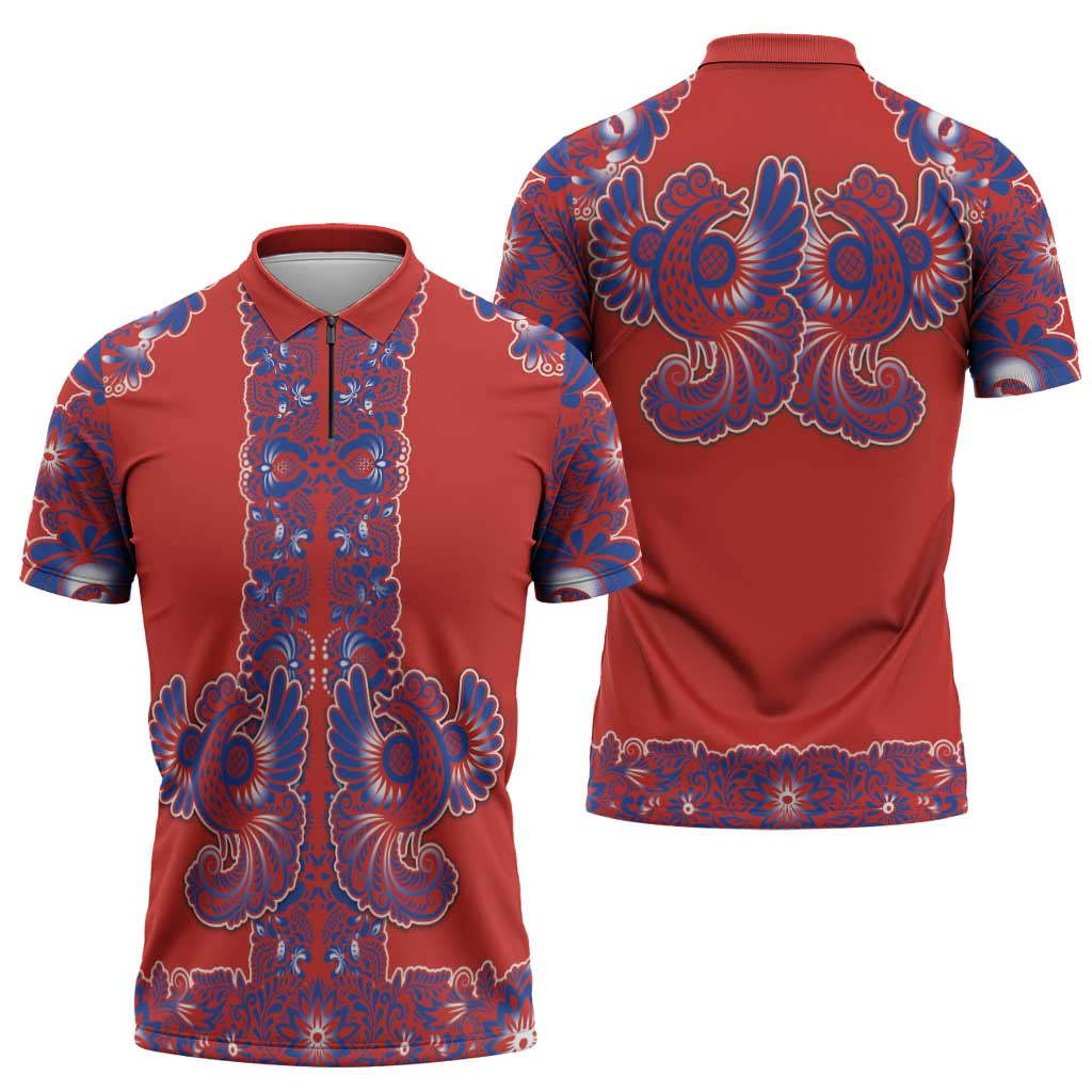 Red Russian National Costume Zipper Polo Shirt Rooster Motifs Traditional Folk Pattern - Wonder Print Shop