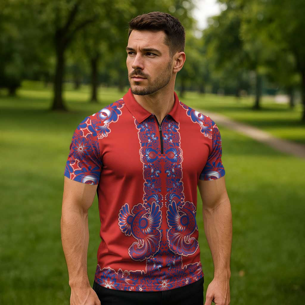 Red Russian National Costume Zipper Polo Shirt Rooster Motifs Traditional Folk Pattern - Wonder Print Shop