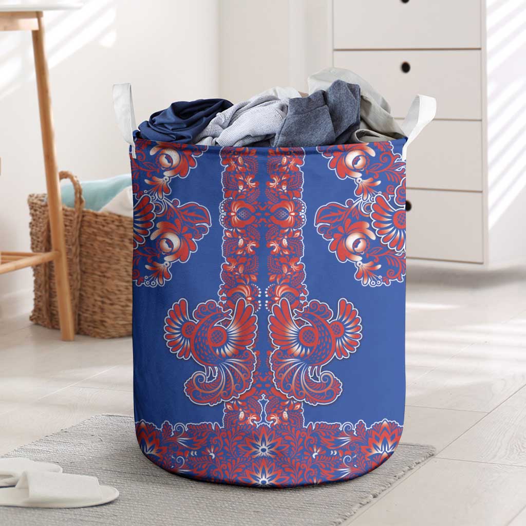 Blue Russian National Costume Laundry Basket Rooster Motifs Traditional Folk Pattern - Wonder Print Shop