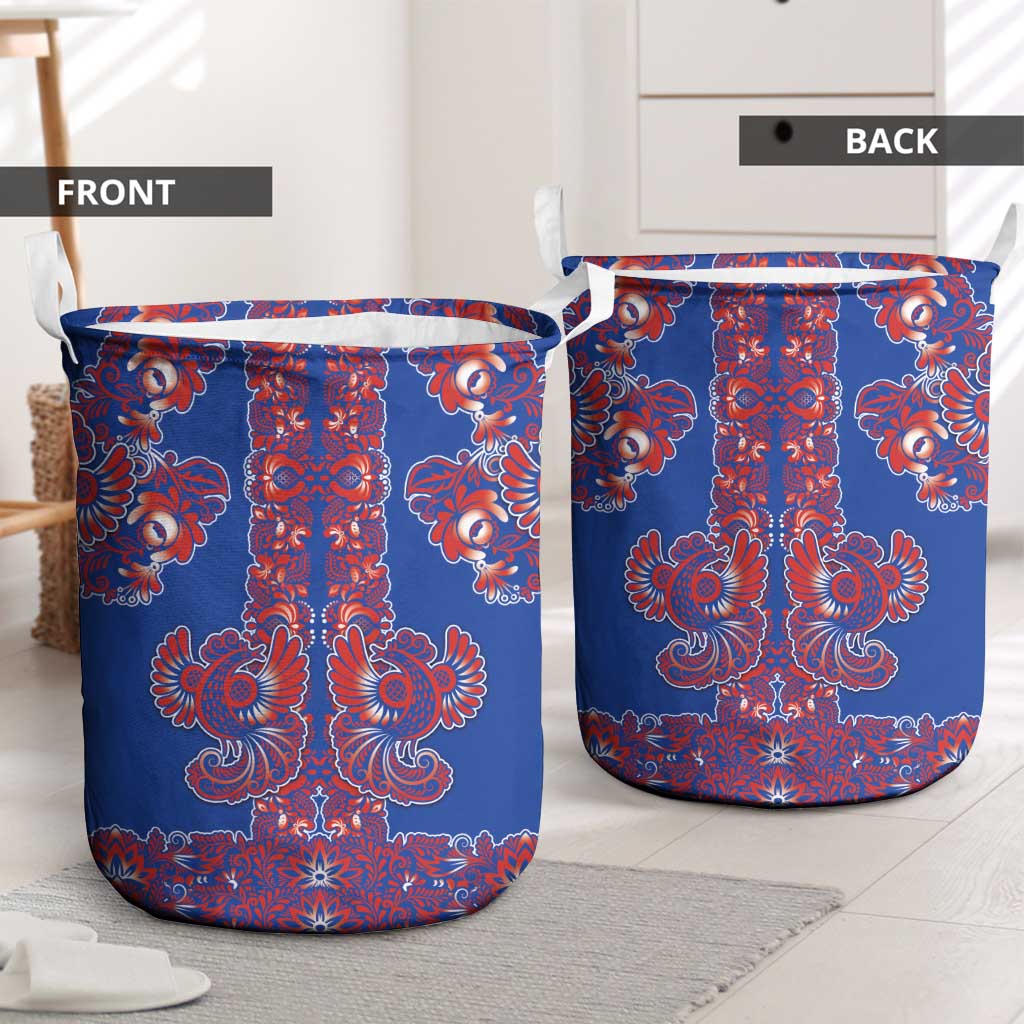 Blue Russian National Costume Laundry Basket Rooster Motifs Traditional Folk Pattern - Wonder Print Shop