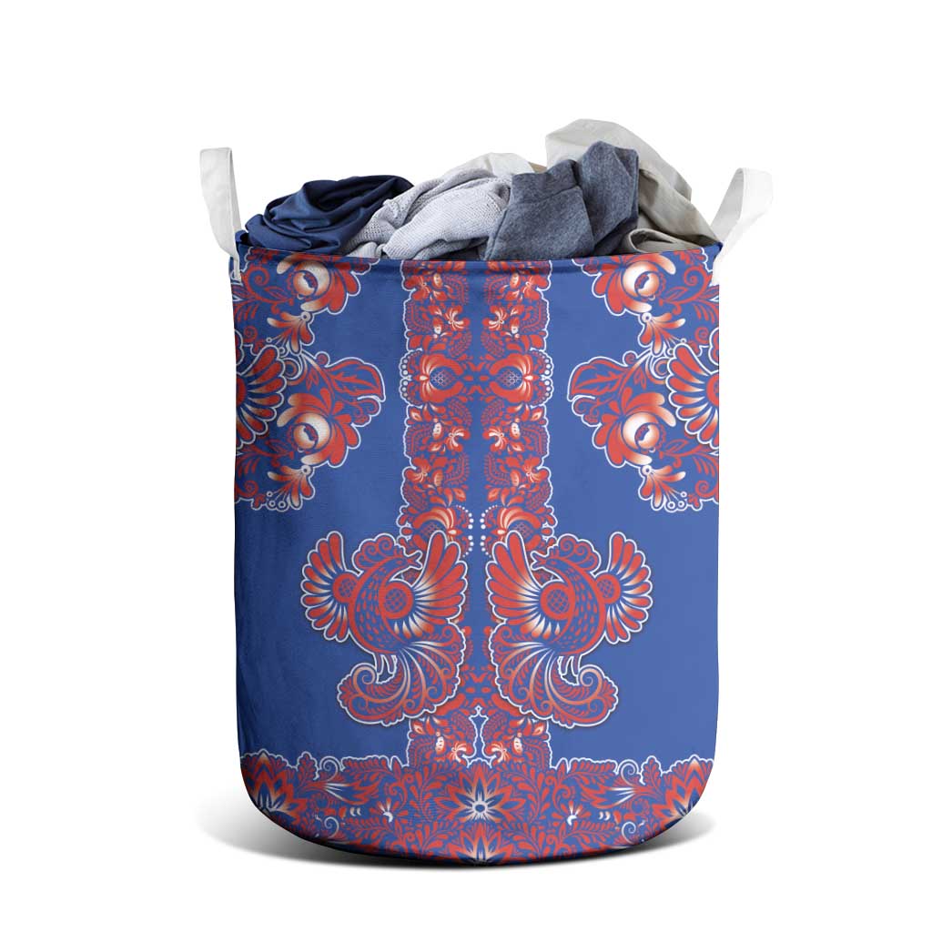 Blue Russian National Costume Laundry Basket Rooster Motifs Traditional Folk Pattern - Wonder Print Shop