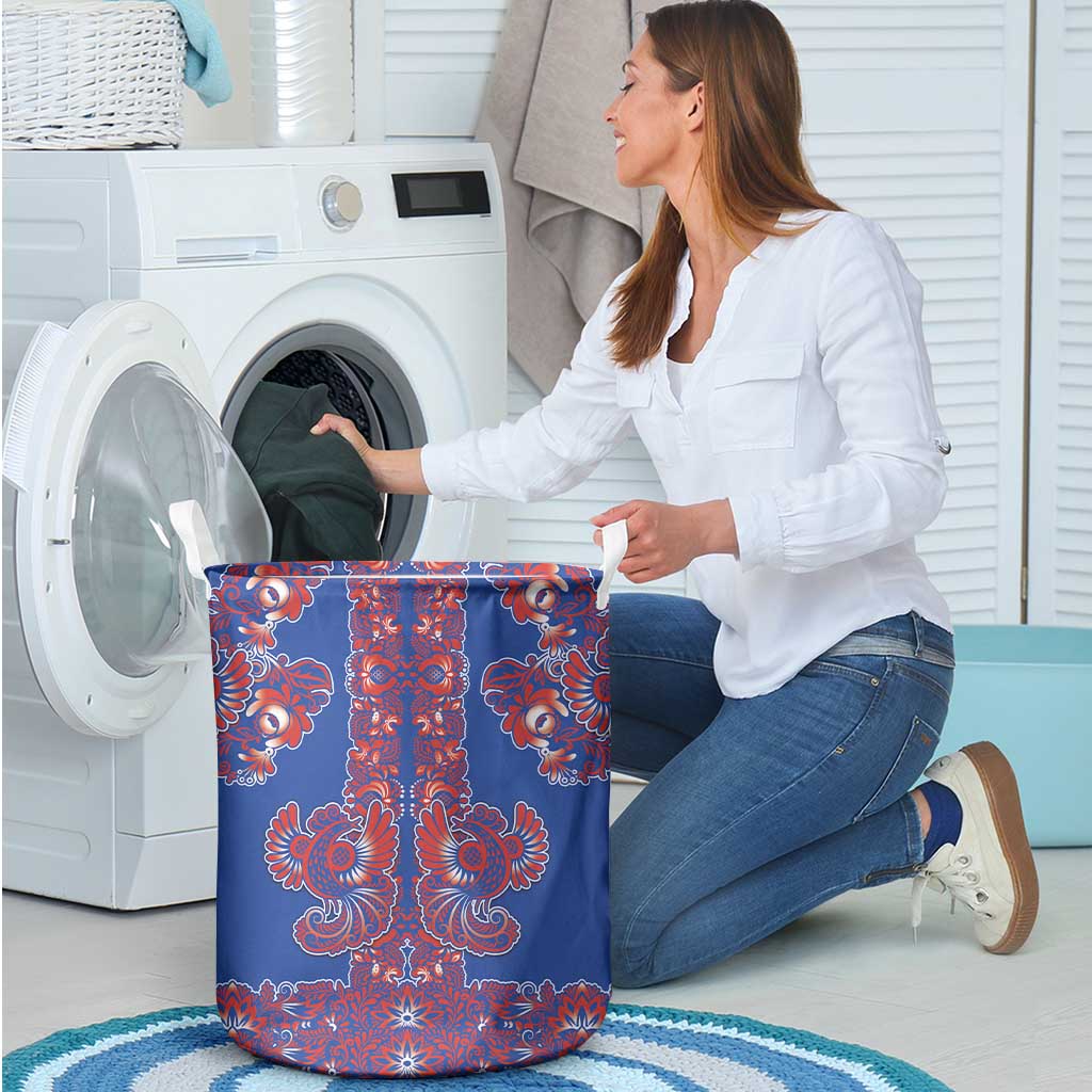 Blue Russian National Costume Laundry Basket Rooster Motifs Traditional Folk Pattern - Wonder Print Shop