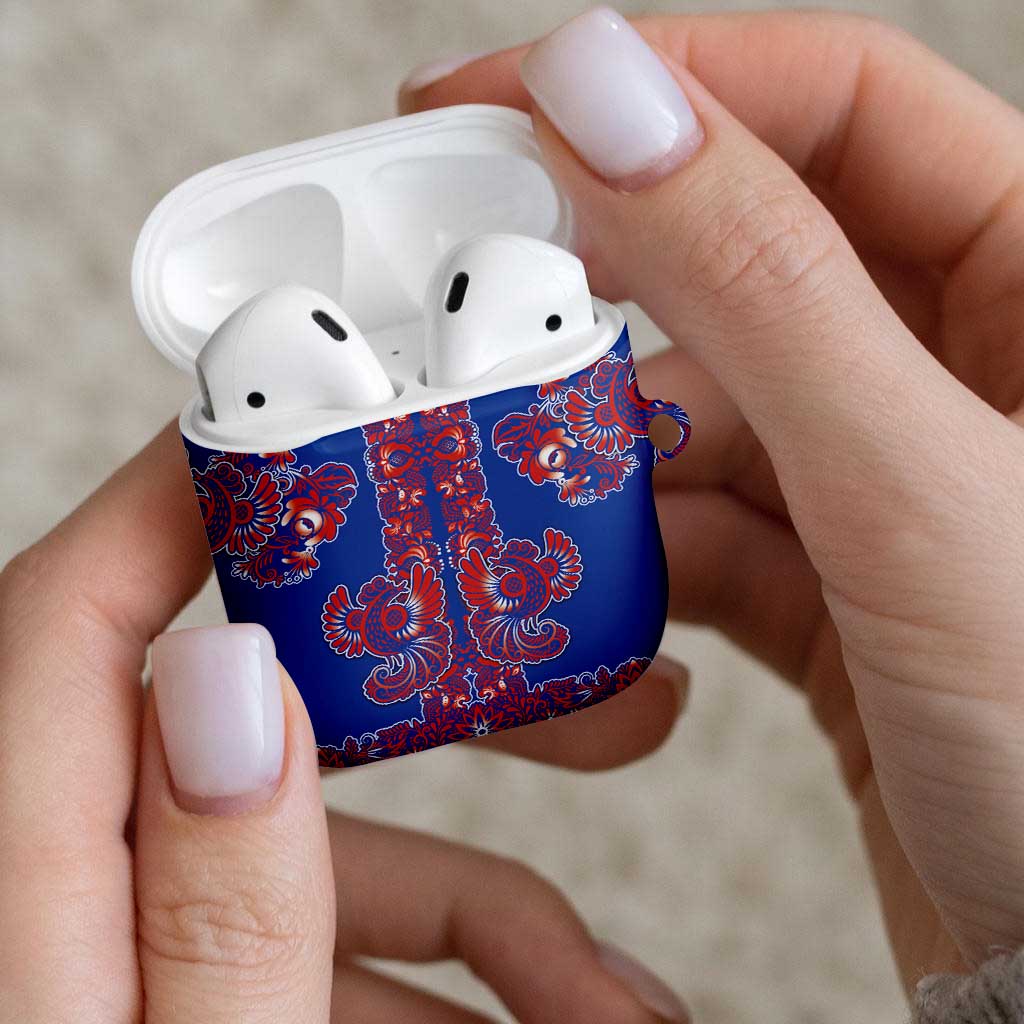Blue Russian National Costume AirPods Case Rooster Motifs Traditional Folk Pattern - Wonder Print Shop