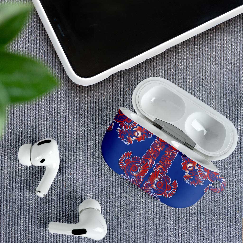 Blue Russian National Costume AirPods Case Rooster Motifs Traditional Folk Pattern - Wonder Print Shop