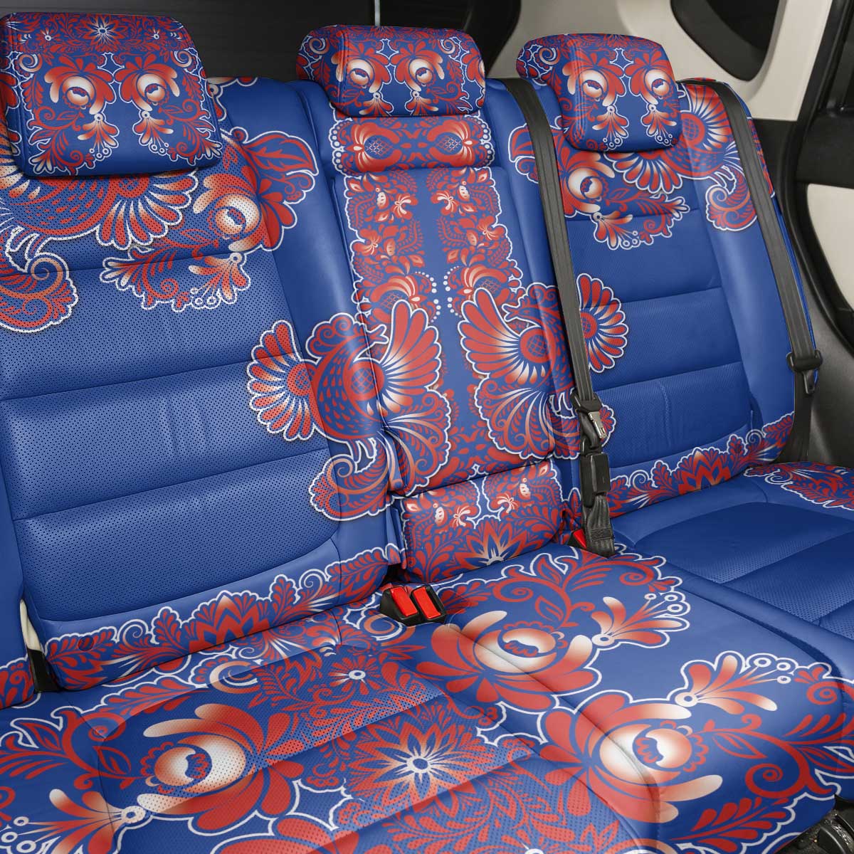Blue Russian National Costume Back Car Seat Cover Rooster Motifs Traditional Folk Pattern - Wonder Print Shop