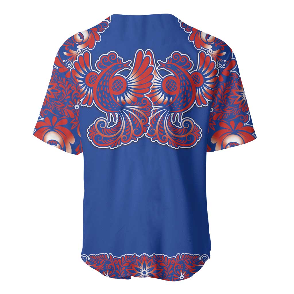 Blue Russian National Costume Baseball Jersey Rooster Motifs Traditional Folk Pattern - Wonder Print Shop