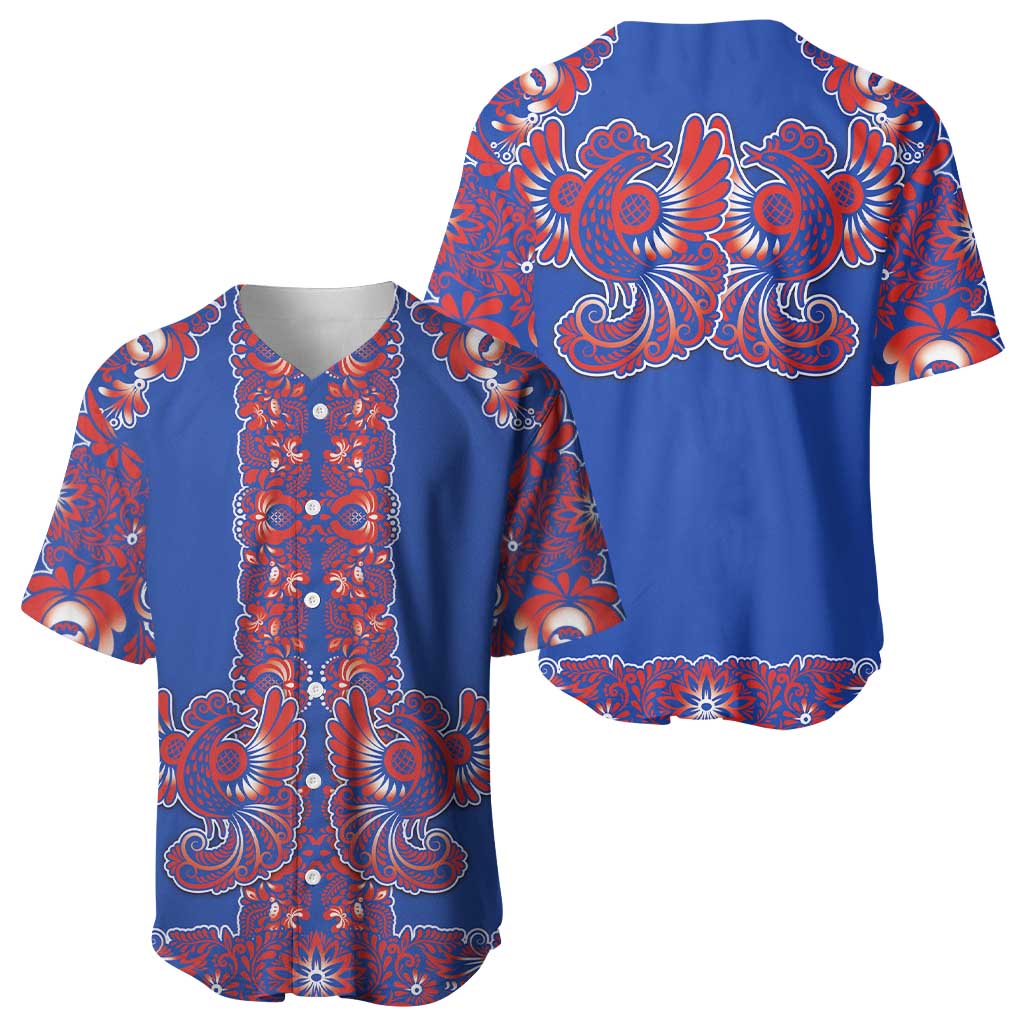 Blue Russian National Costume Baseball Jersey Rooster Motifs Traditional Folk Pattern - Wonder Print Shop