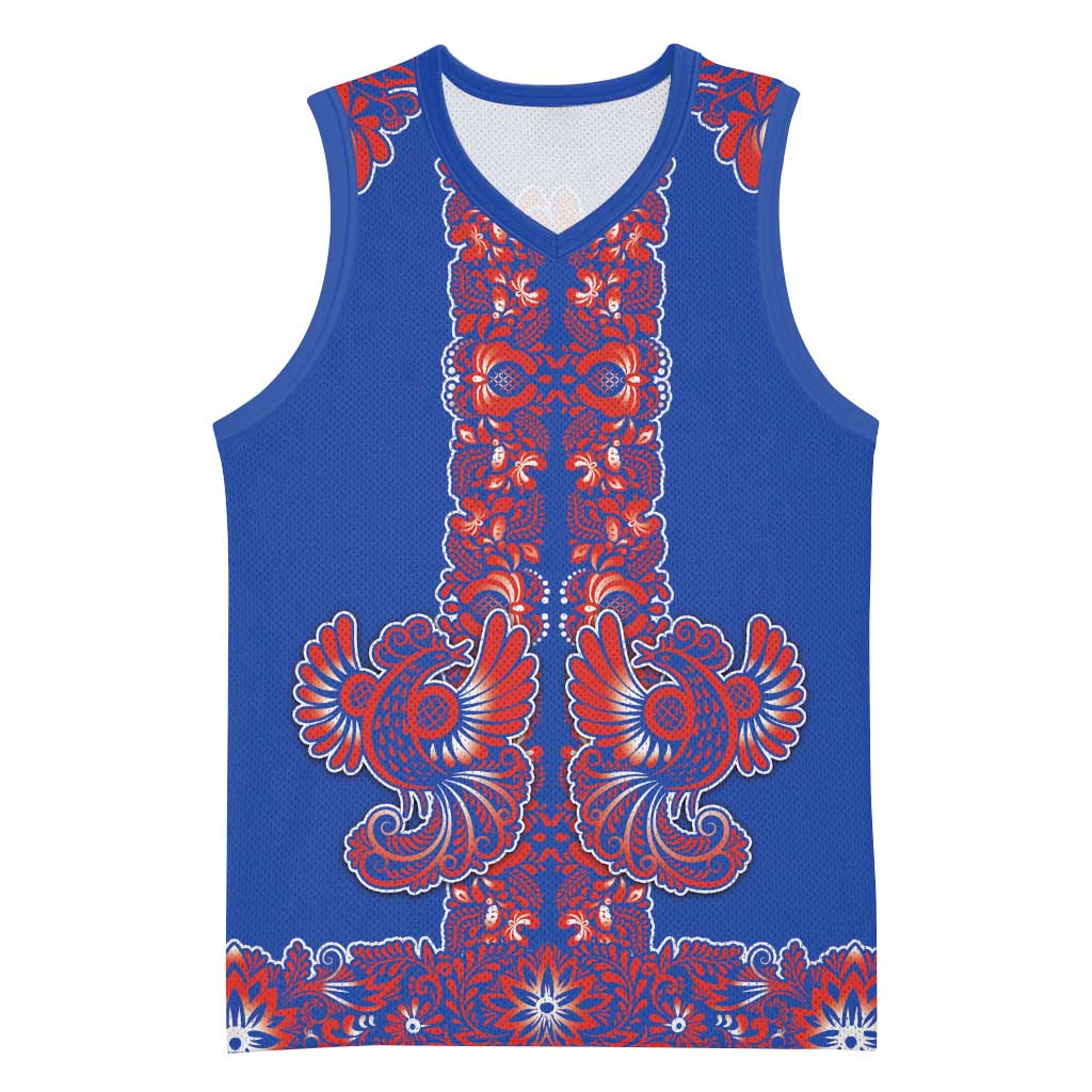 Blue Russian National Costume Basketball Jersey Rooster Motifs Traditional Folk Pattern - Wonder Print Shop