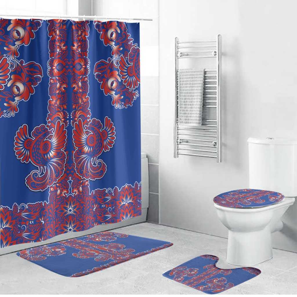 Blue Russian National Costume Bathroom Set Rooster Motifs Traditional Folk Pattern - Wonder Print Shop