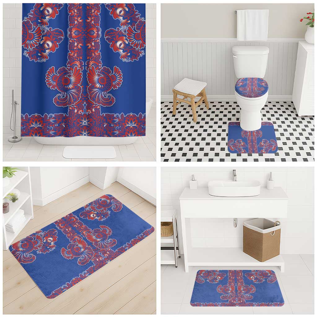 Blue Russian National Costume Bathroom Set Rooster Motifs Traditional Folk Pattern - Wonder Print Shop