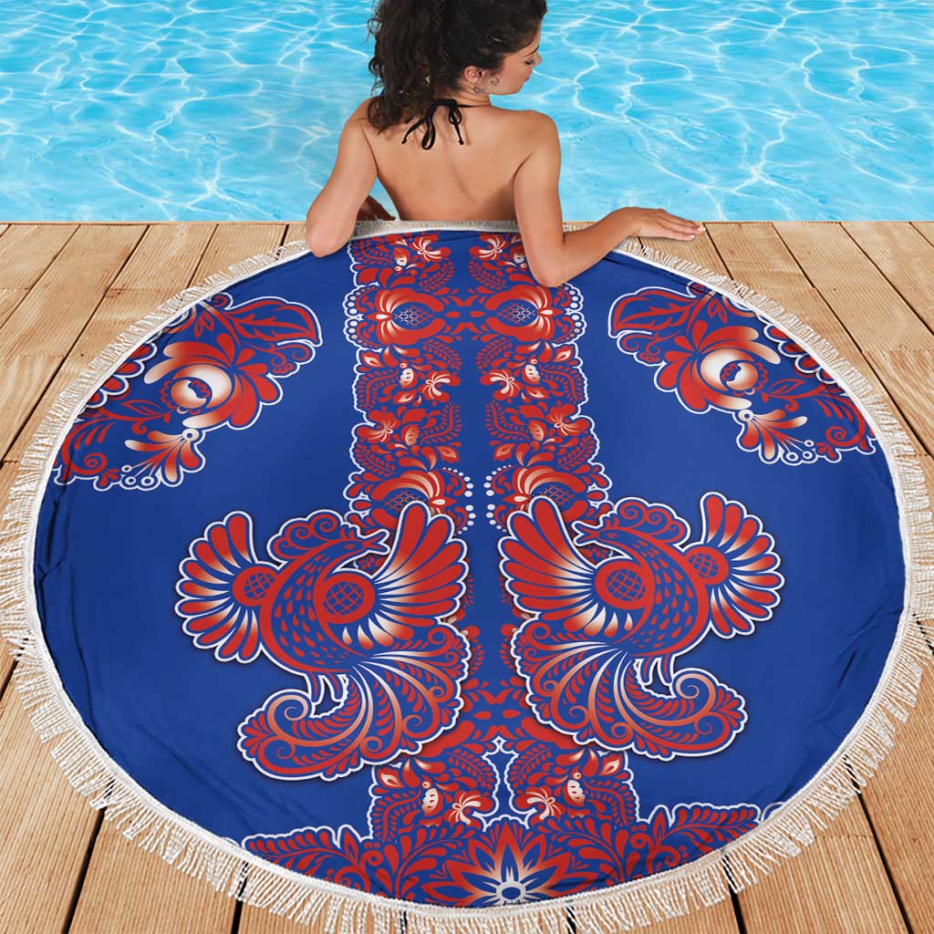 Blue Russian National Costume Beach Blanket Rooster Motifs Traditional Folk Pattern - Wonder Print Shop