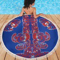Blue Russian National Costume Beach Blanket Rooster Motifs Traditional Folk Pattern - Wonder Print Shop