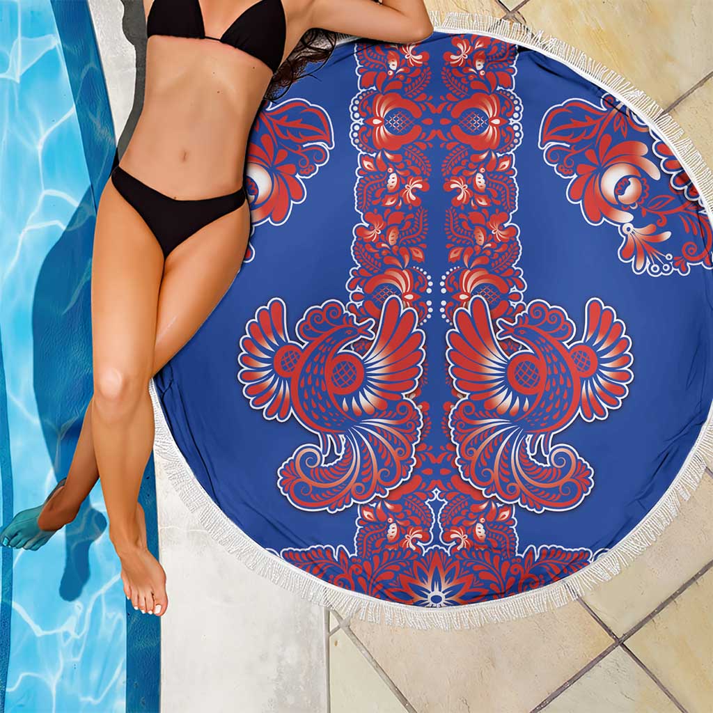 Blue Russian National Costume Beach Blanket Rooster Motifs Traditional Folk Pattern - Wonder Print Shop