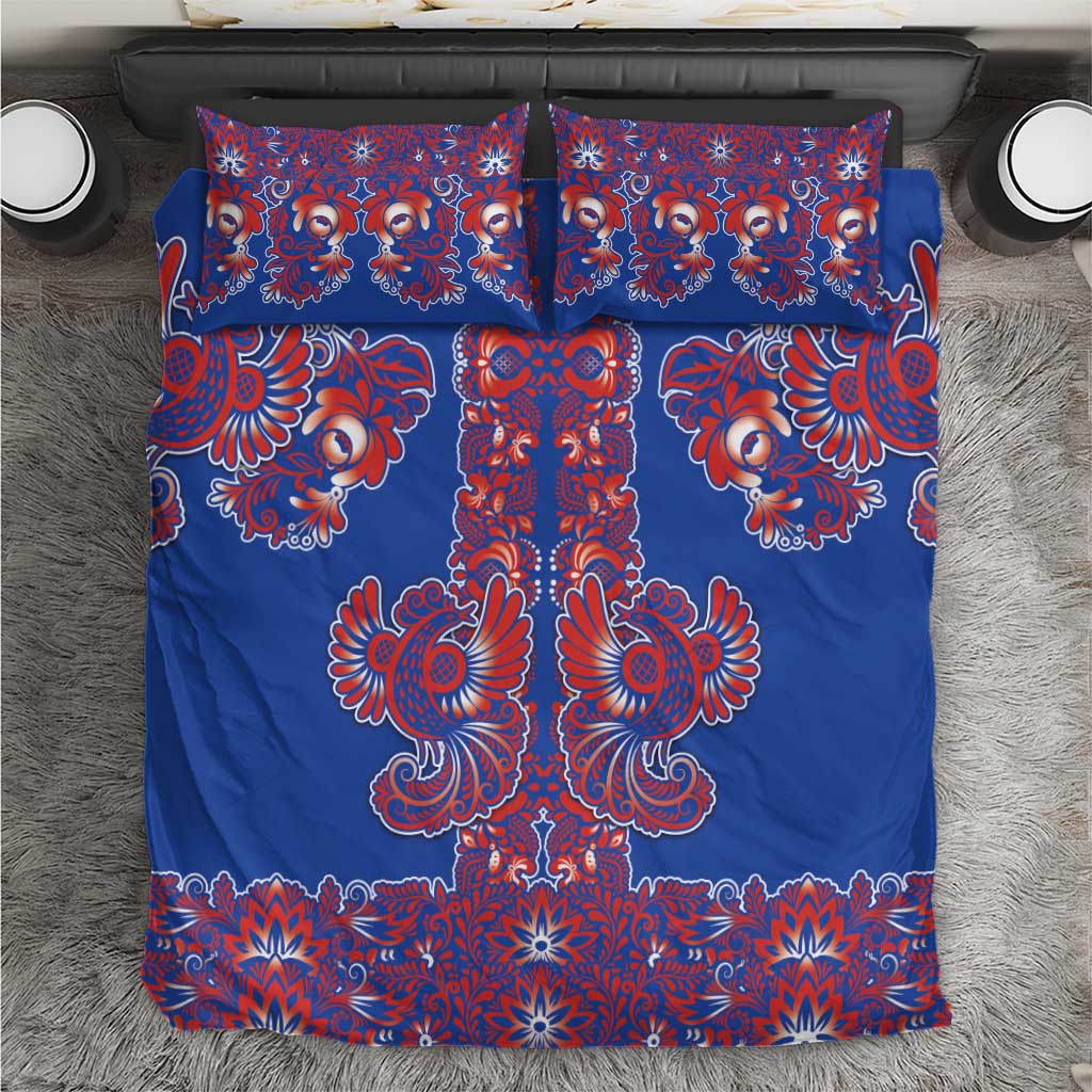Blue Russian National Costume Bedding Set Rooster Motifs Traditional Folk Pattern - Wonder Print Shop