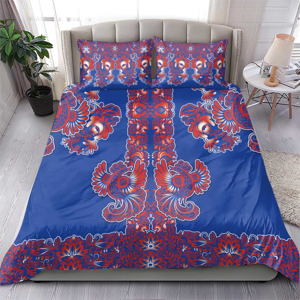 Blue Russian National Costume Bedding Set Rooster Motifs Traditional Folk Pattern - Wonder Print Shop