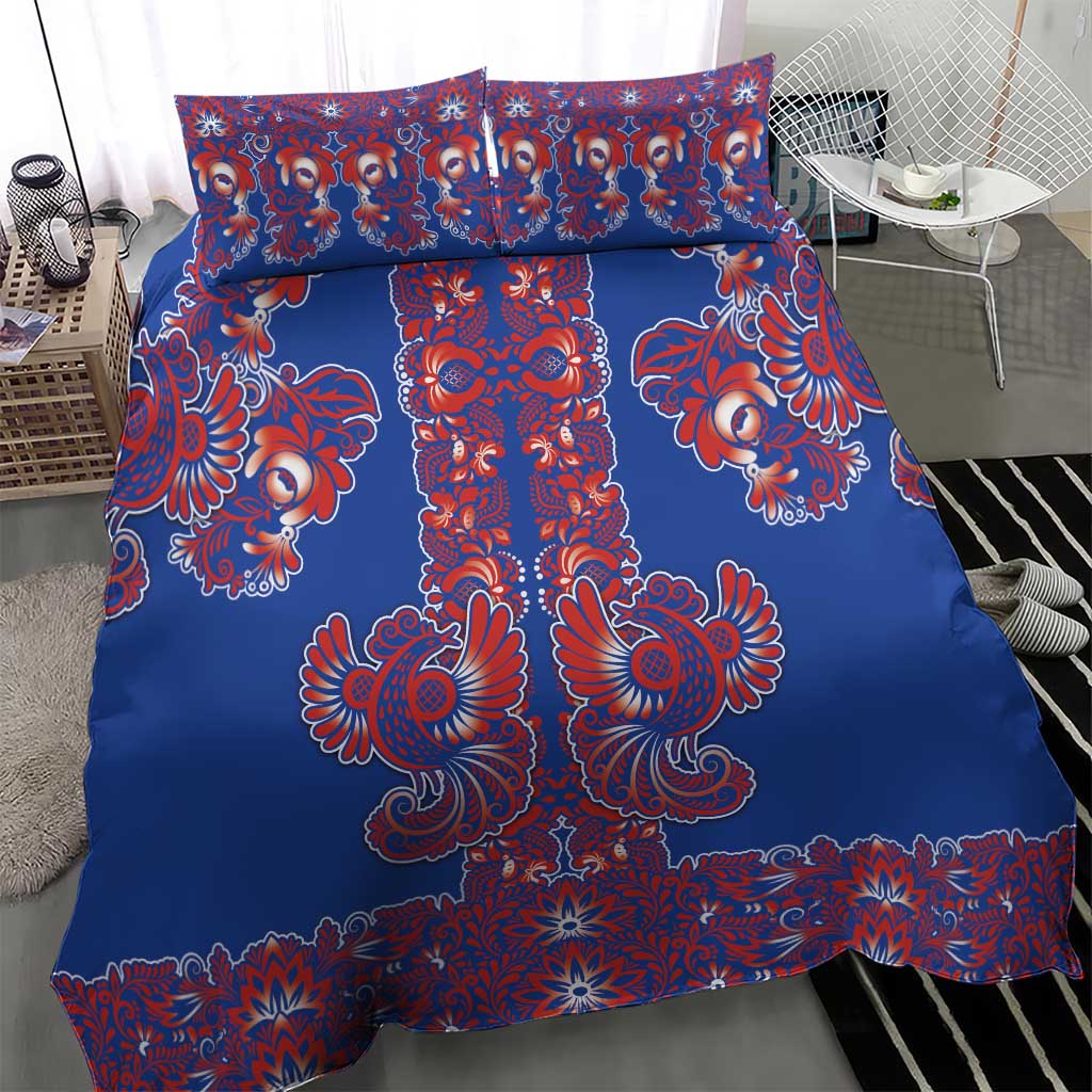 Blue Russian National Costume Bedding Set Rooster Motifs Traditional Folk Pattern - Wonder Print Shop
