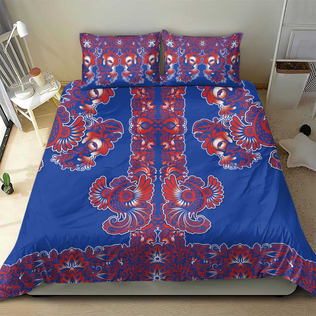 Blue Russian National Costume Bedding Set Rooster Motifs Traditional Folk Pattern - Wonder Print Shop