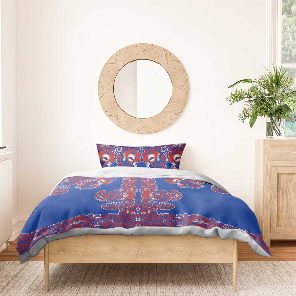 Blue Russian National Costume Bedding Set Rooster Motifs Traditional Folk Pattern - Wonder Print Shop