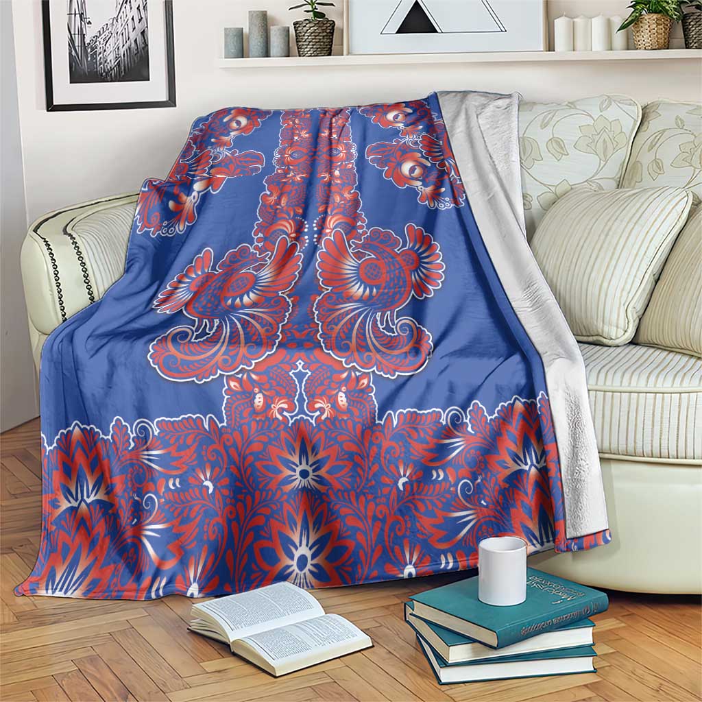 Blue Russian National Costume Blanket Rooster Motifs Traditional Folk Pattern - Wonder Print Shop