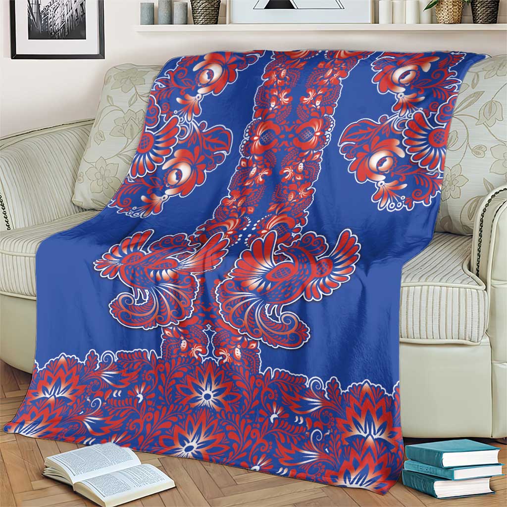 Blue Russian National Costume Blanket Rooster Motifs Traditional Folk Pattern - Wonder Print Shop