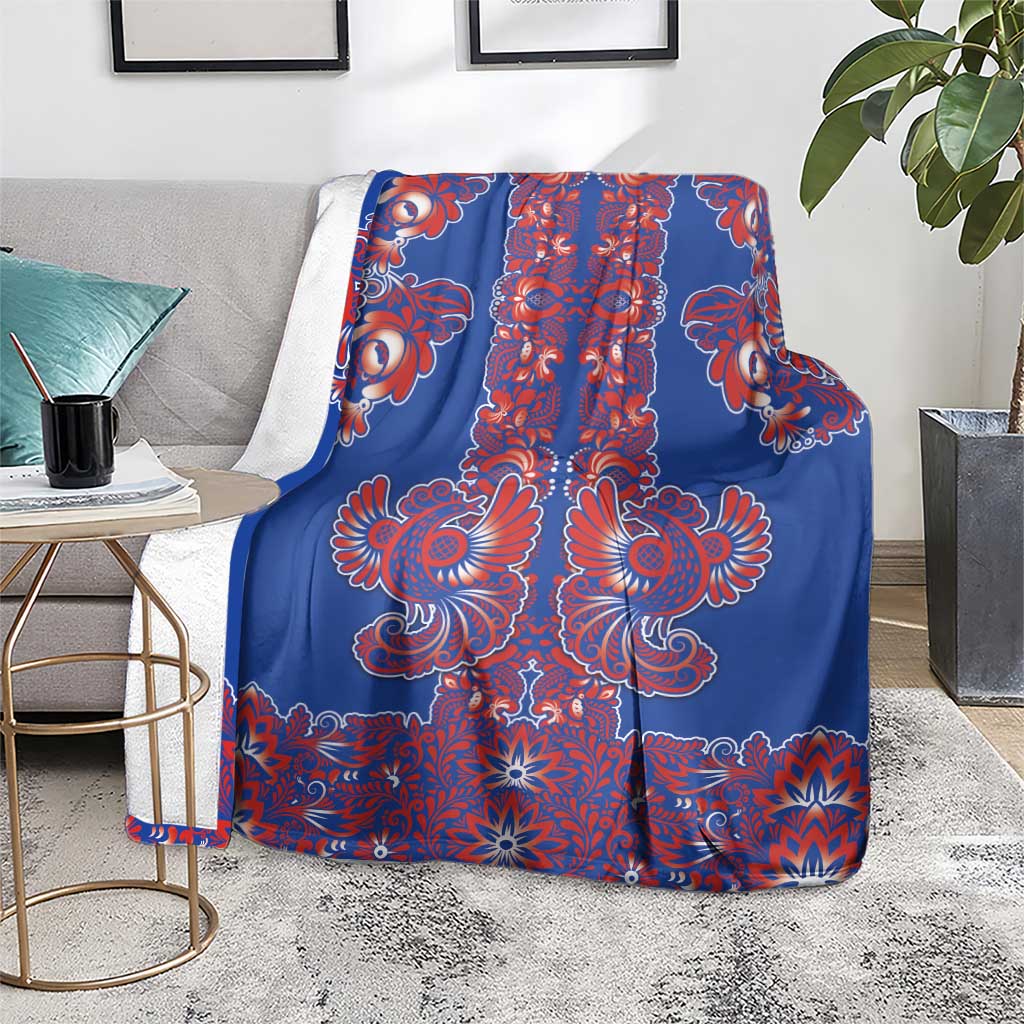Blue Russian National Costume Blanket Rooster Motifs Traditional Folk Pattern - Wonder Print Shop