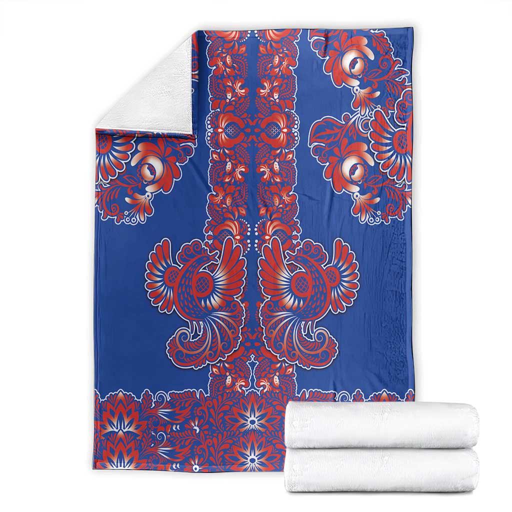 Blue Russian National Costume Blanket Rooster Motifs Traditional Folk Pattern - Wonder Print Shop